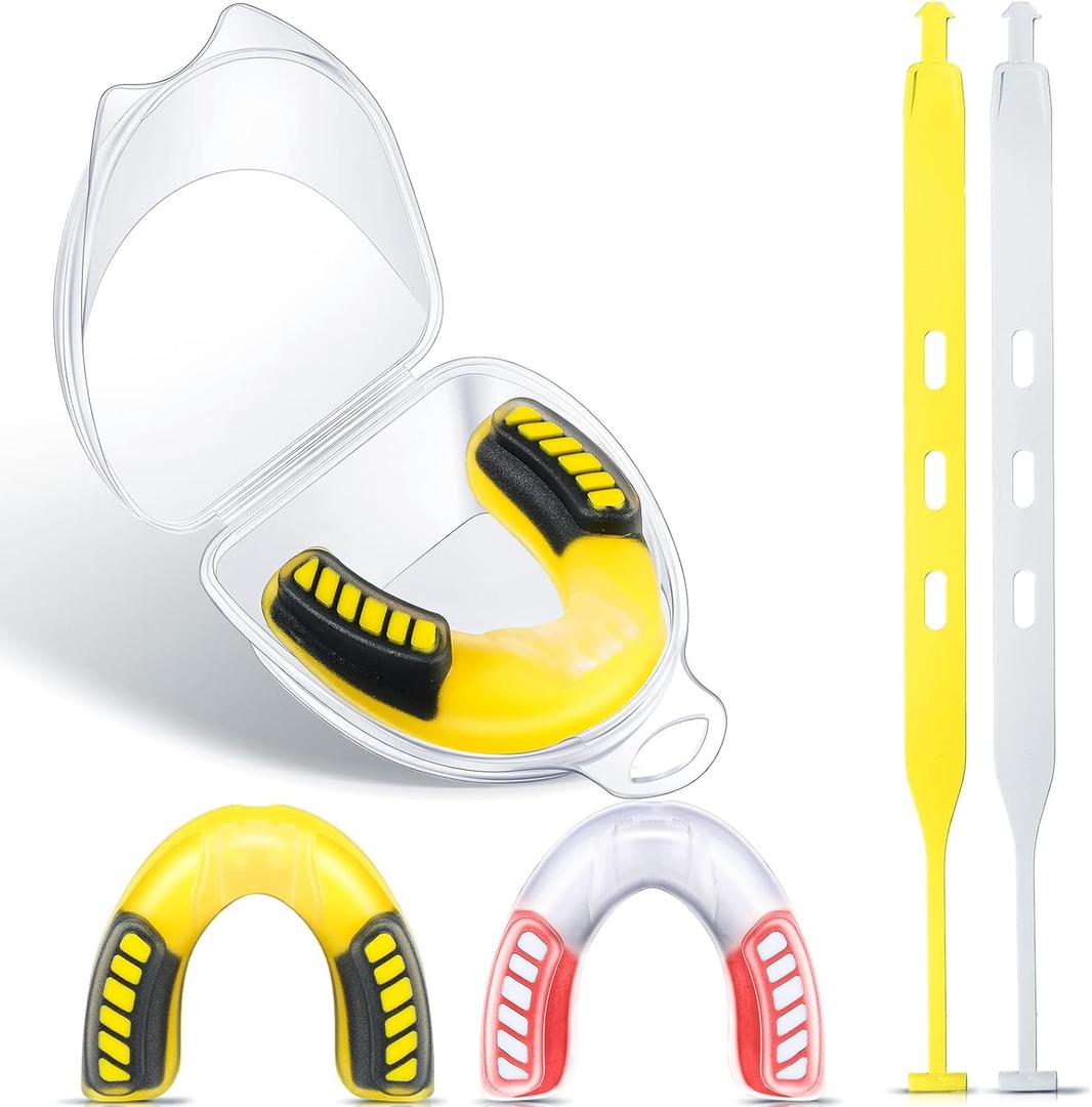 Konohan 2 Pack Youth Football Mouth Guard with Strap and Case for Kids and Adult Soft Sports Mouthpiece Double Colored Braces Mouth guard for Ice Hockey Lacrosse Basketball(Yellow, Red)