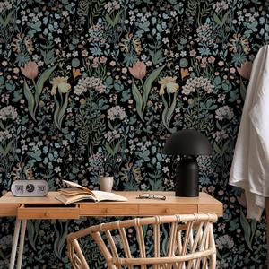 Toduso Peel and Stick Wallpaper Vintage Wall Paper Black Floral Contact Paper Removable Wallpaper 17.3"x196.8" Leaf Flower Self Adhesive for Bedroom Drawer Decor Vinyl Rolls