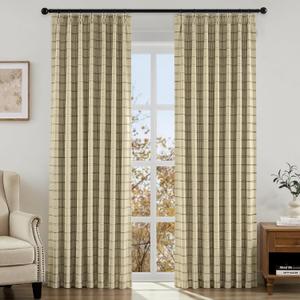 HOMEIDEAS 100% Blackout Plaid Pinch Pleated Curtains, Noise Reduction Thermal Insulated with Adjustable Hook and Rings, for Farmhouse Living Room, Bedroom, Nursery, 2 Panels, W40 X L108 Inch, Sand