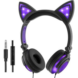 Olyre Kitty Cat Ear Wired Headphones for Kids Teens Adults - Rechargeable LED Light On-Ear Headphones with 3.5mm Jack,Foldable & Lightweight, Compatible with Android, Tablet, PC (Black & Purple)