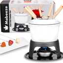 Mabeeze Cast Iron Fondue Pot Set for Cheese, Chocolate or Meat - White Enameled 1.6 Qt Pot - Includes 6 Fondue Forks