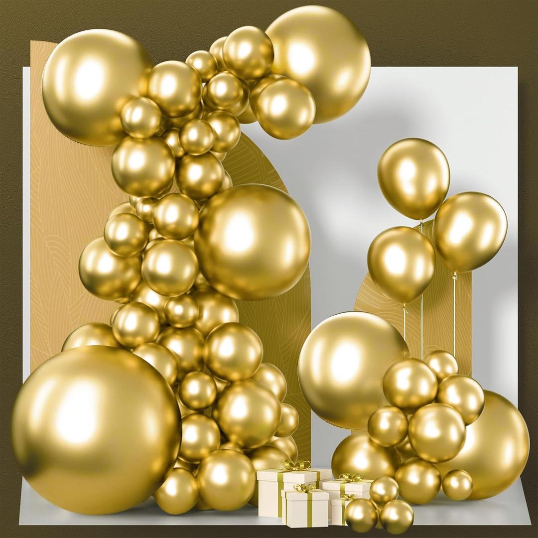 PartyWoo Metallic Gold Balloons 100 pcs Different Sizes Pack of 36 18 12 10 5 Inch, Chrome Gold Balloon Arch Kit Garland for Birthday Graduation Baby Shower Wedding Party Decorations Gold-G101