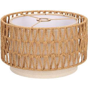Boho Rattan Lamp Shade, 12.6" Top x 12.6" Bottom x 7.68" High, Natural Rattan & Linen Double Layer Lamp Shades for Floor Lamps Table Lamps Chandelier, UNO Fitter Lampshade Replacement, Easy Assembly