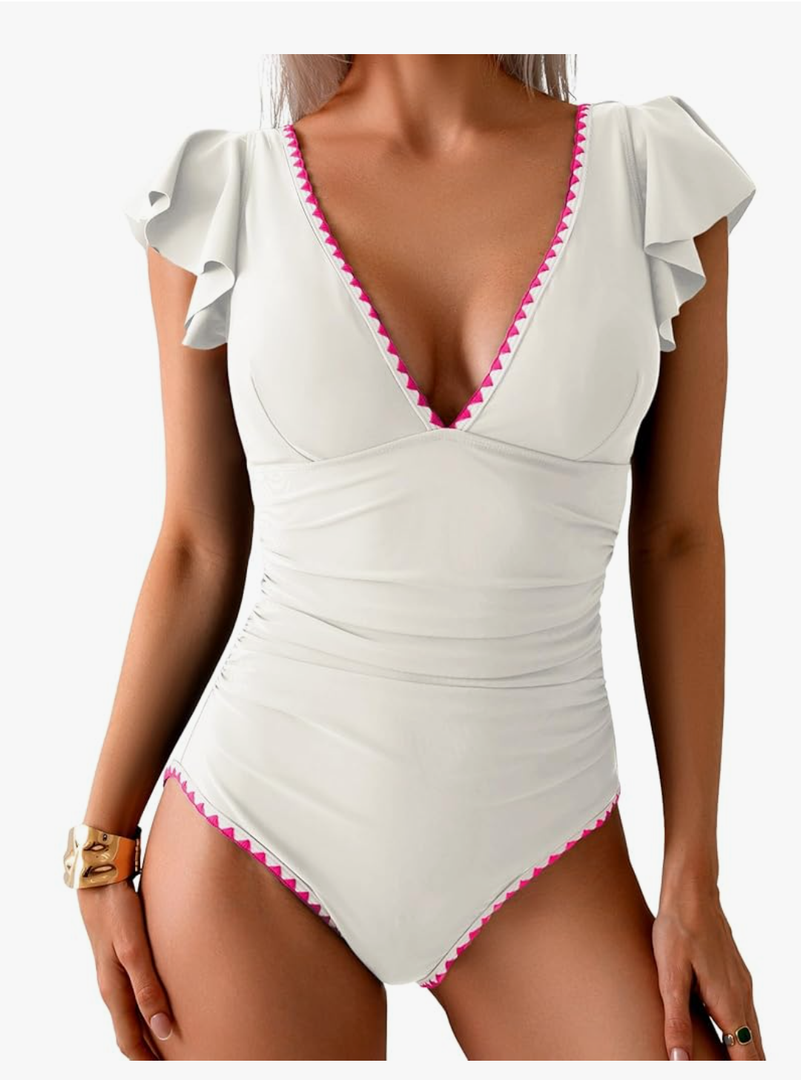 Women's One Piece Ruffle Swimsuit Tummy Control Bathing Suit V Neck Shell Stitched Swim Suit Slimming Swimwear, Large