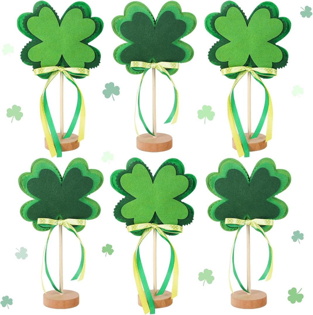 6 Pcs St. Patrick's Day Decorations or 4H Standing Signs Four Leaf Clover Wooden Table Signs Tall Standing Felt Green Table Centerpiece Lucky Irish Table Centerpiece Ornaments for Party Favor Supplies