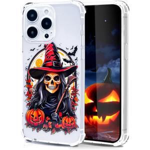Fashion Halloween Phone Case with Bat Pumpkin Pattern for iPhone 15 Pro Max,Horror Designed Shockproof Soft Slim Clear TPU Cover for Boys Girls Teens Men and Women(Witch-15PM)