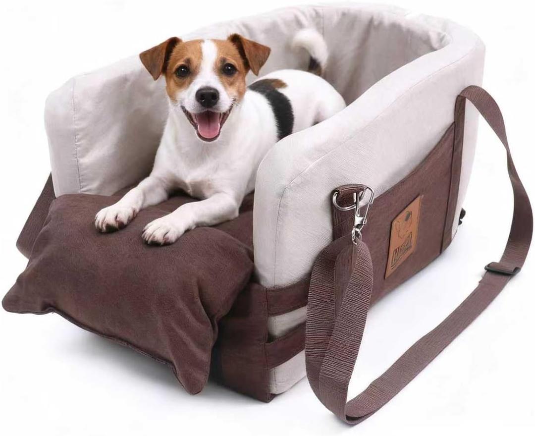 JZXOIVA Console Dog Car Seat & Travel Bed for Small/Medium Dogs, Booster Dog Car Seat with Safety Tether, Non-Slip Base, Washable Cover, Front or Back Seat Pet Carrier Bed, Brown