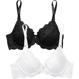Smart & Sexy Women's Signature Lace Push Up Bra-Perfect for Seeking Effortless Style and Comfort (40D, Black Hue/White 2pk)