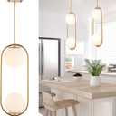 BYOLIIMA Modern Gold Globe Chandelier 2-Lights Mid Century Pendant Light Brushed Brass Ceiling Hanging Lighting Fixture with White Globe Glass Lampshade for Kitchen Island Dining Room Bedroom