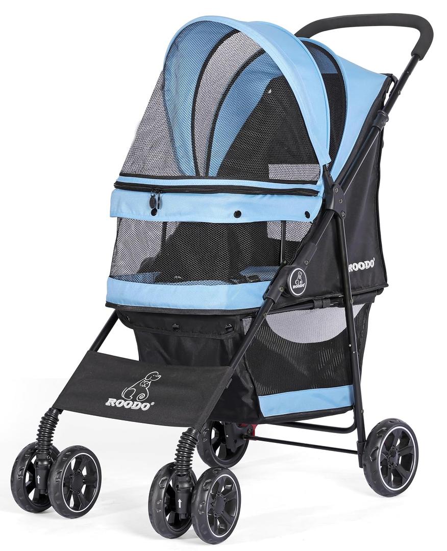 ROODO 4 Wheel Dog Cat Pet Stroller Best Lightweight Foldable Compact Portable Jogger All Terrain Travel Pet Gear Puppy Doggie Bunny Kitty Stroller for up to 30lbs Medium Small Dogs Cats(Sky Blue)