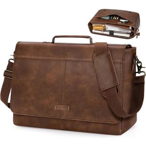 RAINSMORE Vintage Flap Messenger Bag for Men PU Leather Laptop Bag 15.6 Inch Mens Briefcase Waterproof Satchel Computer Bag (Brown)