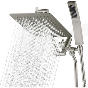 G-Promise All Metal 8 Inch Dual Square Shower Head with Handheld Spray Combo, Rain Shower Head, Adjustable Extension Arm, 3-Way Diverter, 71 Inch Extra Long Hose - A Bathroom Upgrade (Brushed Nickel)
