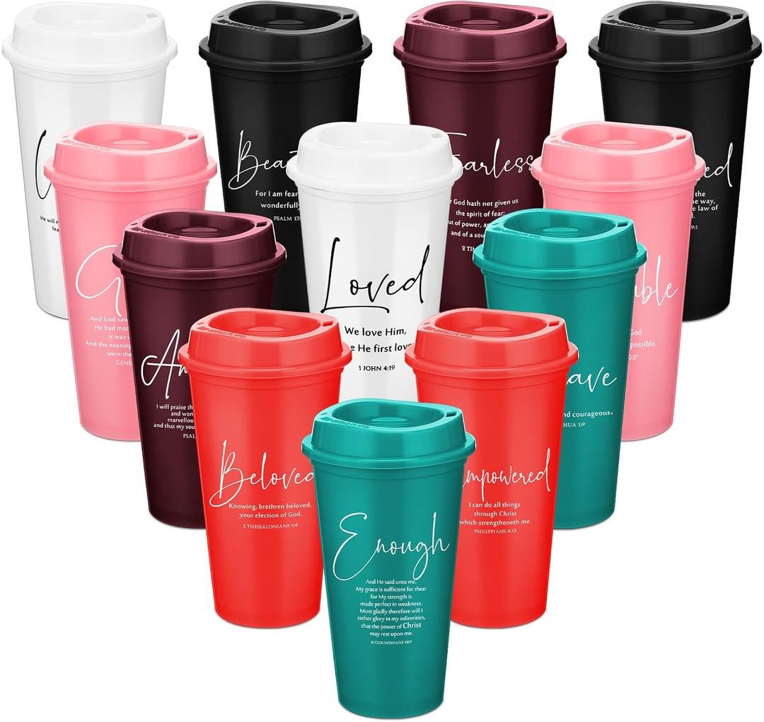12 Pcs Inspirational Christian Cups Bulk Christian Gifts for Church 16 oz Reusable Plastic Bible Verse Tumbler with Lid Straw Scripture Drinking Cup Religious Easter Gifts for Men Women