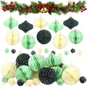 TecUnite 50 Pcs Christmas Paper Honeycomb Ornaments for Tree Vintage 3D Mini Glitter Edge Paper Christmas Ornament Honeycomb Tree Hanging Neutral Boho Holiday Xmas Party Decoration(White, Green)