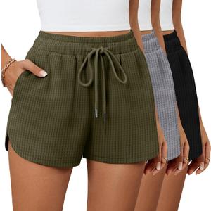 Riyiper 3 Pack Women's Waffle Knit Shorts Drawstring Lounge Summer Comfy Casual Shorts with Pockets (Large, Black, Gray, Army Green)