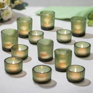 Hewory Glass Tealight Candle Holder: 24 Pcs Dark Green Votive Tea Lights Candle Holder, Ribbed Tea Light Holders Fall Decorations for Thanksgiving Table Centerpiece Wedding Party Home Decor