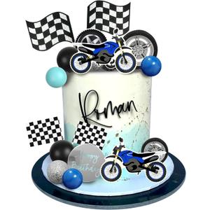 21 PCS Racing Cake Topper with Blue Black Balls and Checkered Flag for Racing Theme Birthday Party Supplies