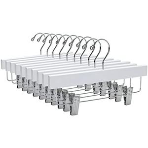 Quality 11 Inches Kids Wooden Pants Hangers 3 Pack - Skirt Hangers with Adjustable Metal Clips 360° Swivel Chrome Hook & Nonslip Notches- Ideal for Clothes Size 8 and Smaller (White, 3)