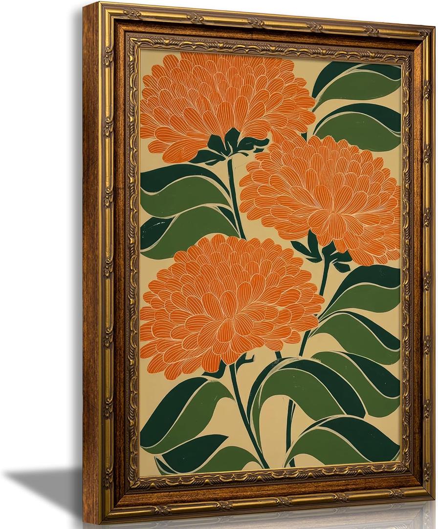 SKZMBTI Vintage Gold Framed Flowers Wall Art Orange blossom Painting Prints | Plant Canvas Wall Decor Minimalist Plants Style Poster Print Artwork for Living Room Bedroom Home Decoration 16"L x 12"W