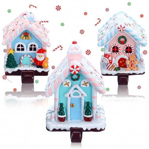 Riceshoot 3 Pcs Christmas Gingerbread House Stocking Holder Christmas Stocking Holders for Mantle Village Stand Tree Santa Houses Hook for Counter Tables Fireplace Party Decoration (Candy)