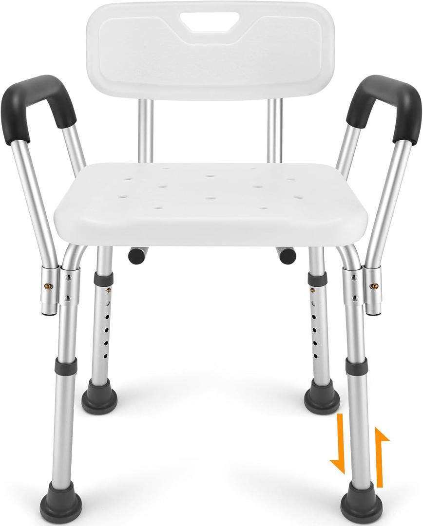 TABEKE Shower Chair for Inside Shower, Heavy Duty Shower Chair with Backrest & Padded Armrest, Height Adjustable Shower Bench, Shower Seat for Bathtub, Elderly and Disabled (Medium, Off White/Dark Gray)