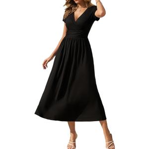 Gracyoga Women's Summer Dresses 2025 Short Sleeve Maxi Dress Casual V Neck Flowy Sundress with Pockets (Medium, Black)