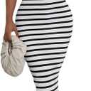Women's Casual Ribbed Sleeveless Striped Slim Fit Bodycon Pencil Midi Tank Dress for Summer (Blue, XXL)