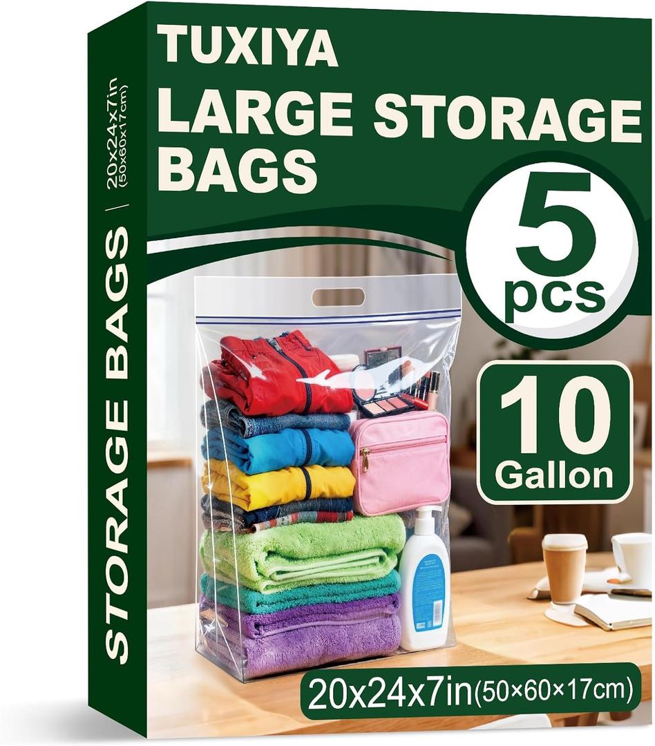 5 PACK Extra Large Storage Bags, 10 Gallon 24"x20"x7", Resealable Clear Bags with Handle, XL Heavy Duty for Clothes Travel Moving, Double Zipper Seal, Expandable Bottom, Thick 8 Mils