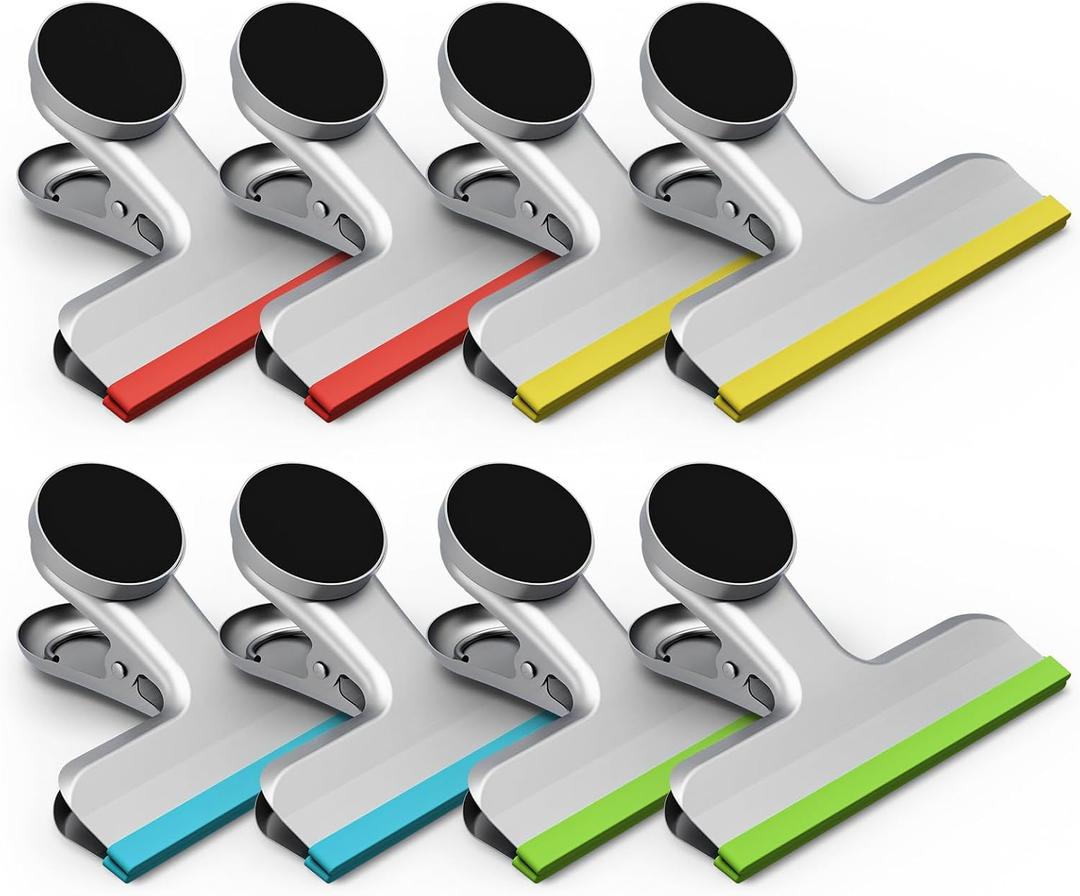 HOUSE AGAIN 8 Pack Stainless Steel Magnetic Clips, Heavy Duty Chip Bag Clips with Silicone, Strong Magnet, No Sharp Edges, Multi-Use for Food Bags, Refrigerator, Kitchen, Office & Classroom, Small