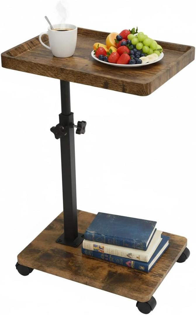 Gets Small Side Table Adjustable Height, 360Swivel C Shaped End Table with Lockable Wheels, Bedside Table for Living Room Bedroom, TV Tray Table That Slides Under Couch, Nightstand for Small Spaces (15.8" X 11.8" X 31.5", D-vintage Wood)