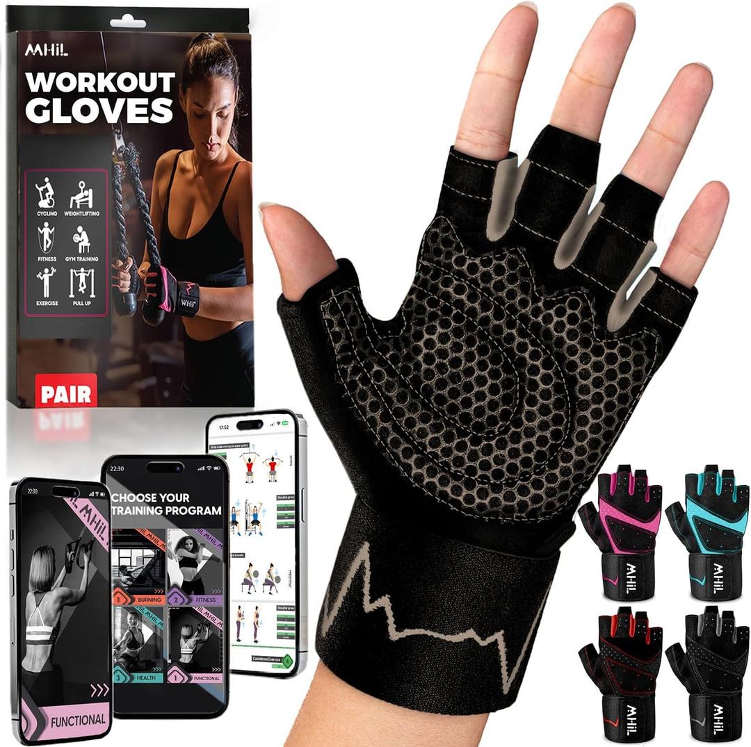 MhIL Workout Gloves for Women Breathable Gym Gloves for Women with Palm Protection and Enhanced Grip Padded Weight Lifting Glove for Womens with Wrist Wraps Support Weightlifting Exercise Cycling (Size: Medium: 7.5 – 8” / 19.1 – 20.5 cm)