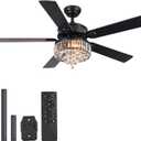 VONLUCE Ceiling Fans with Lights, 52" Crystal Ceiling Fan and Remote, 5 Blades, 6-Speeds Noiseless Reversible DC Motor, Chandelier Ceiling Fan for Farmhouse Bedroom Indoor, Black
