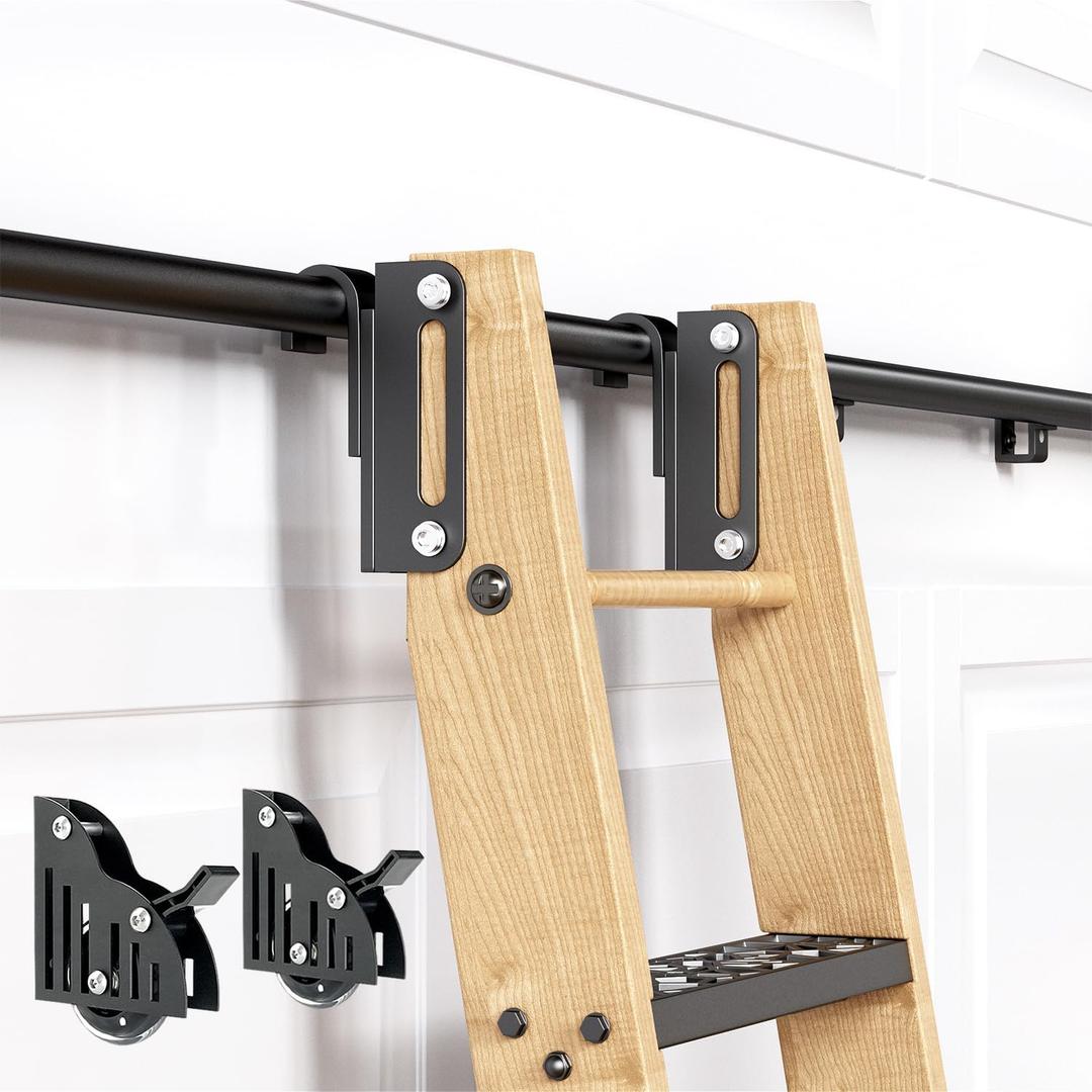 10FT Telescopic Hook on Sliding Library Ladder Hardware,Includes Bottom Wheel with Brake,MAX Load 300lbs