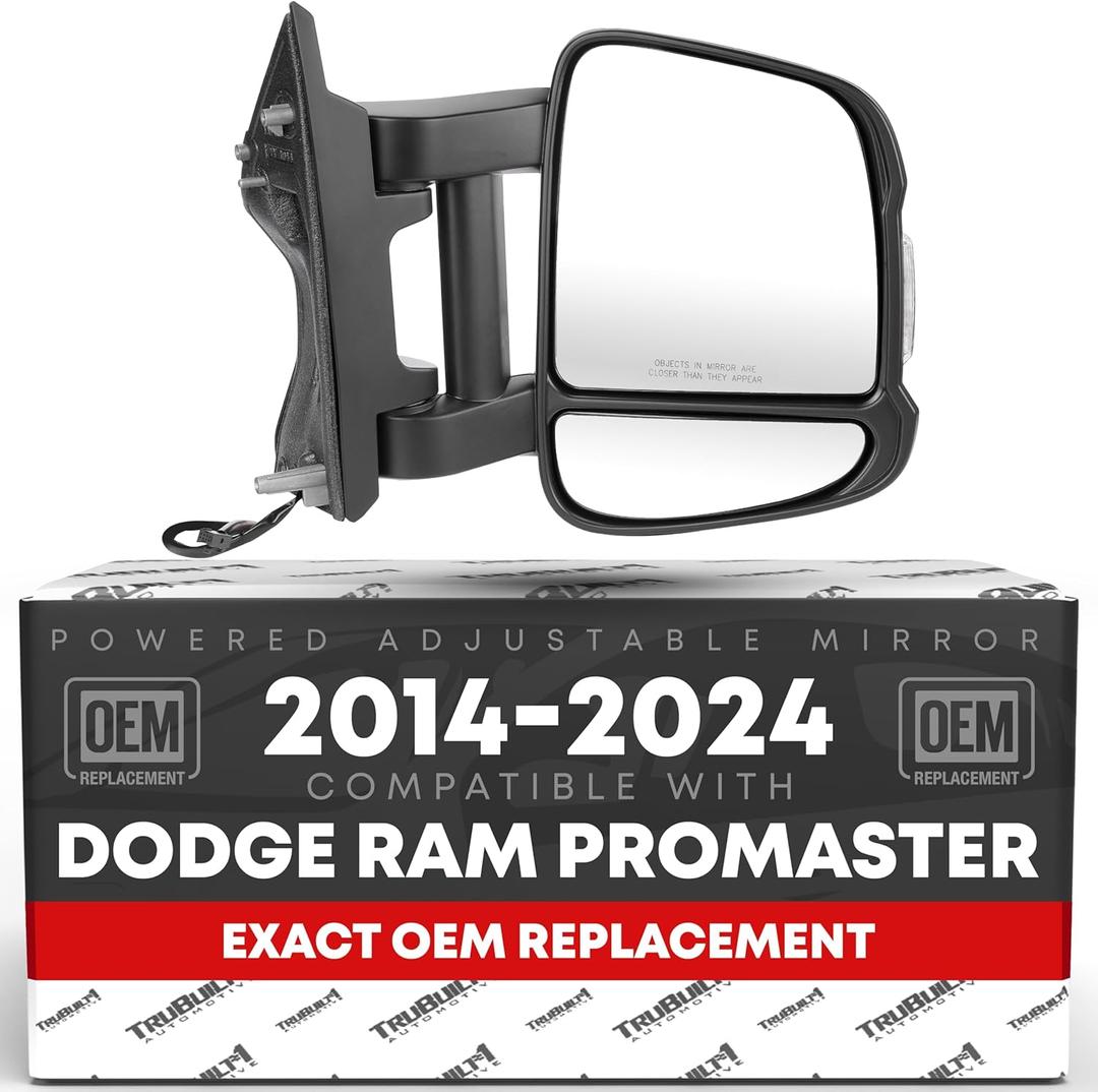 Passenger Side Mirror Replacement - Compatible with 2014-2024 Ram Promaster - Powered Adjustment, Manual Fold, Turn Signal, Dual Glass - Textured Black - OEM 7SV30JXWAA, 5VE94JXWAE, CH1321433