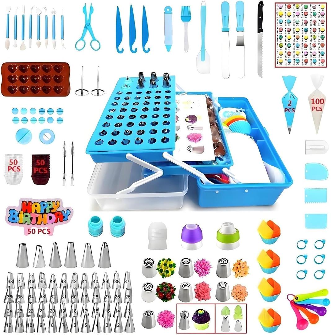Cake Decorating Kit, 387 Pcs Baking Supplies Tools with 56 Icing Tips, 8 Russian+Ball Tips, 3 Spatulas, 5 Couplers, 8 Carved Pens, 102 Pastry Bags, Storage Box & More, (Blue)