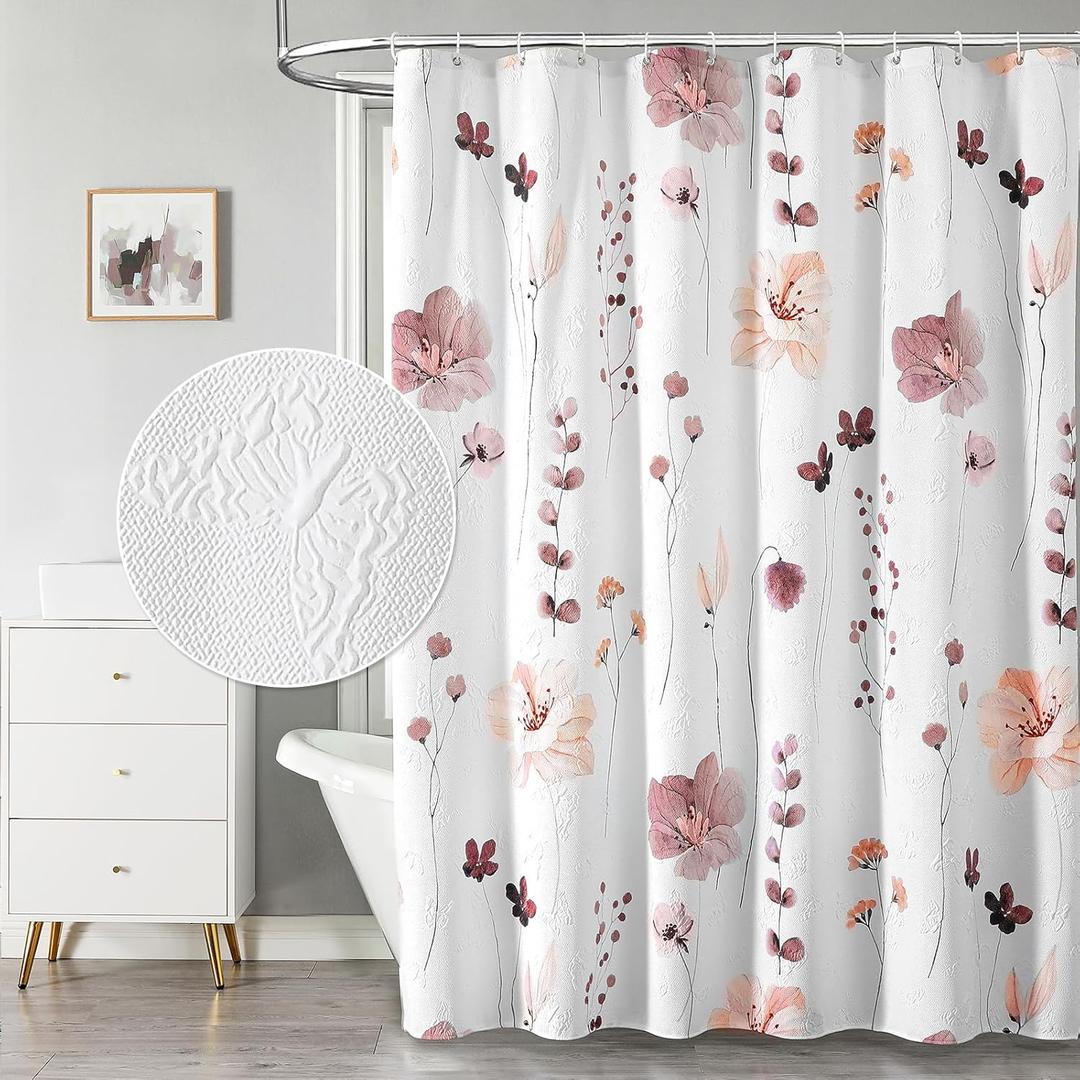 QiyI Watercolor Floral Shower Curtain, 3D Embossed Butterflies Pink Brown Flower Bathroom Curtain, Minimalist White Cloth Bath Curtain, Waterproof Fabric Textured Shower Curtain Set with Hooks, 72x72