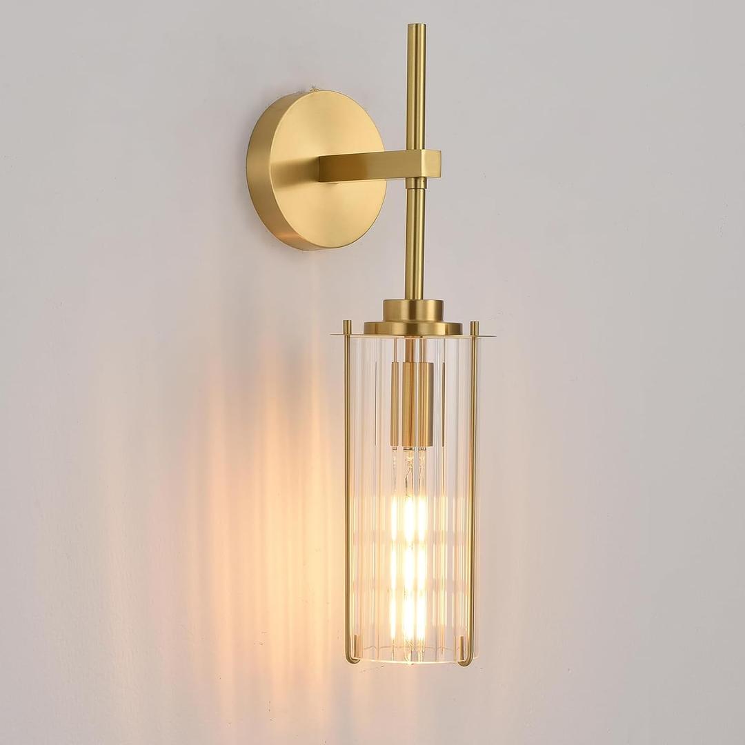 Modern Brass Wall Sconce,18" Gold Wall Sconces,Bathroom Vanity Light Fixtures with Vertical Striped Glass Tube,Modern Lamp Lighting for Bedroom,Living Room,Hallway,Staircase,Mirror
