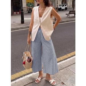 ELLEVEN Womens Cotton Linen Gingham Pants, Elastic Waist Flowy Wide Leg Plaid Capris Palazzo Trousers (Large, Black)