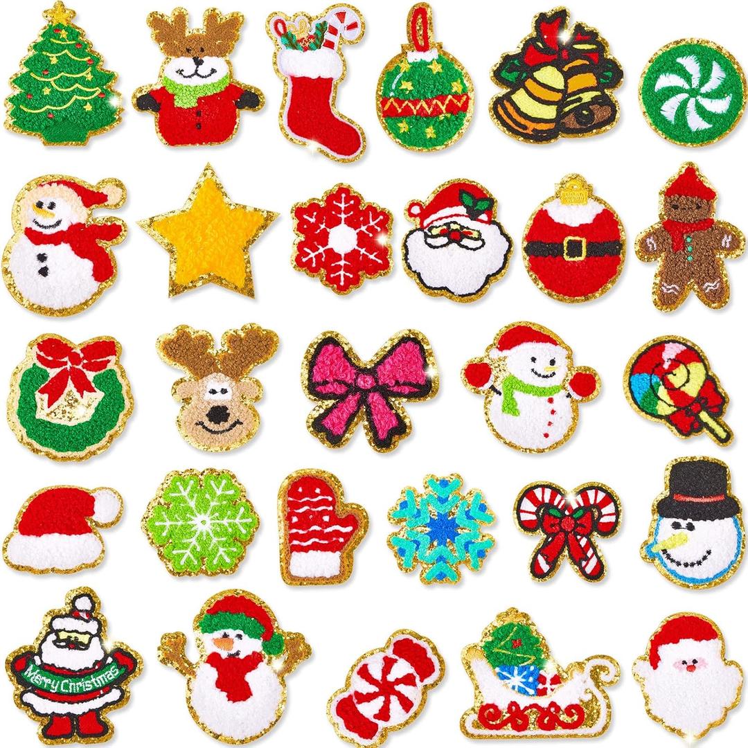 28 Pcs Christmas Iron on Patches Embroidered Sew Applique Repair Patch Glitters Chenille Patches Snowflakes, Santa Claus, Elk, Socks, Snowman for Christmas Clothing Hat Repair Decor DIY
