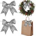 AIMUDI Silver Christmas Bows for Wreaths 6" Xmas Snowflake Bows Burlap Bow for Christmas Trees Twist Tie Bows for Gift Wrapping Crafts Fireplaces Presents Winter New Year Decor, 12 PCs