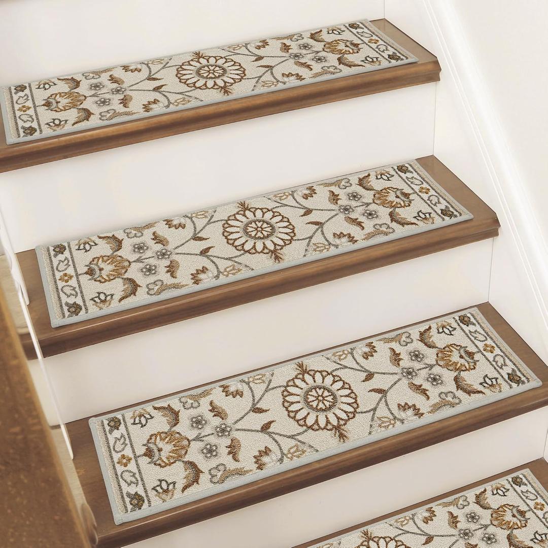 BEQHAUSE Stair Treads for Wooden Steps Non-Slip Machine Washable Carpet Stair Treads 8"X30" Soft Indoor Stair Runner for Kids Elders and Pets, 100% Polyester, TPE Backing, 15pcs, Brown/Grey