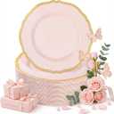 Hioasis 60pcs Pink Plastic Plates - Pink and Gold Disposable Dinnerware with Gold Rim, Heavy-duty, 7 inch, Dessert Plates for Party & Easter & Mothers Day
