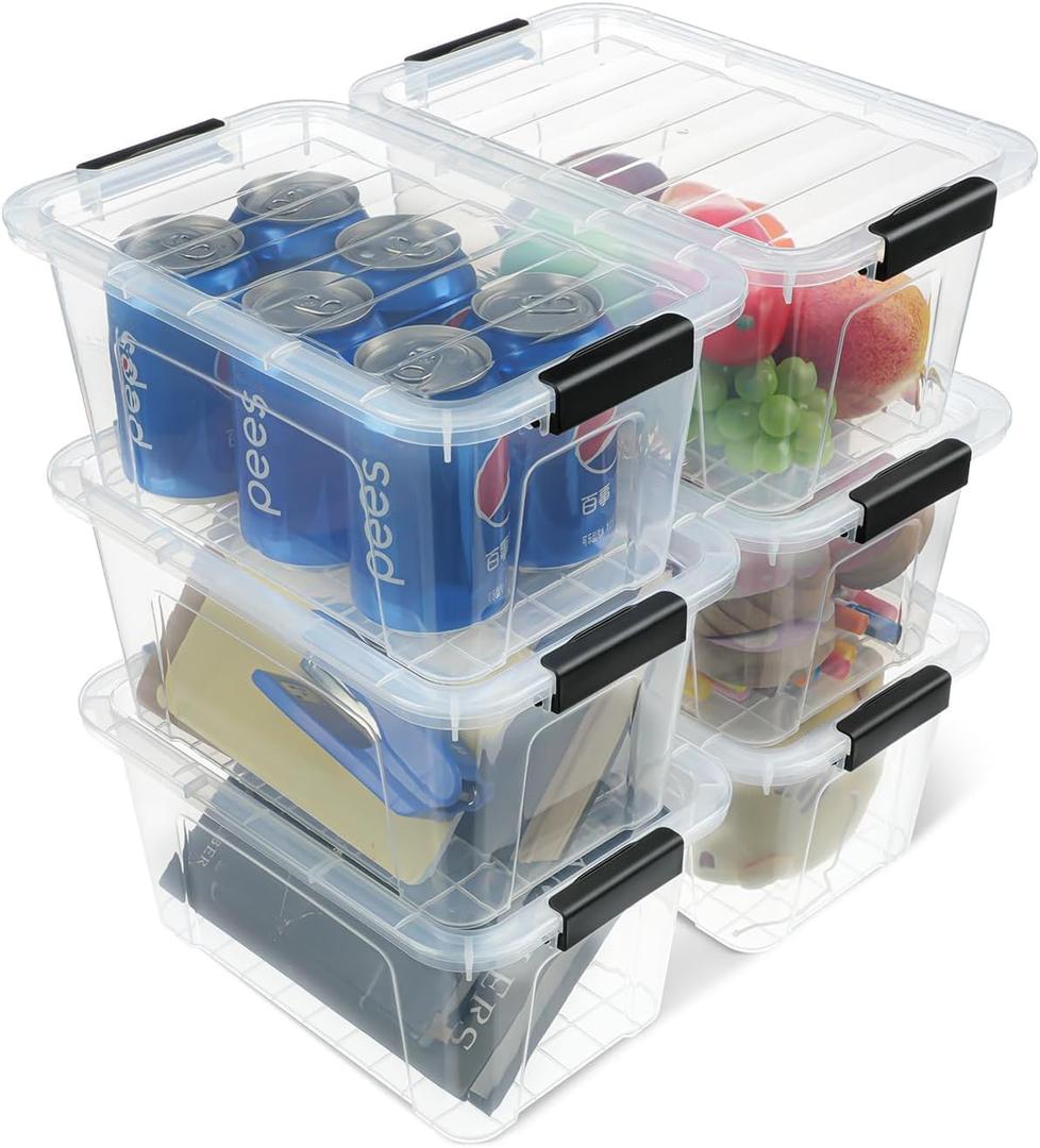 Plastic Storage Bins with Lids 6 Pack, 7 Quart Storage Containers With Black Buckle Latch, Stackable Storage Organizers for Home Pantry Office Classroom Organization, Clear
