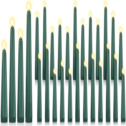 Rossesay 10 Pcs Flameless LED Taper Candles Battery Operated Candles 8.58'', 9.69'', 10.98'', 12.91'', 12.8'' Flameless Candlesticks Flickering for Halloween Christmas Church Wedding (Green)