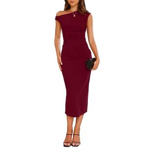 IHOT Wedding Guest Dress Formal One Shoulder Sleeveless Elegant Ruched Bodycon Slim Fitted Cocktail Party Evening Bridemaids Party Club Burgundy Dresses Midi Length WineRed Medium