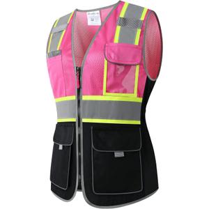 HoliSecure Safety Vest for women, Hi vis Reflective Lady Work vest With 9 Multi Pocket And Zipper(Pink+Black Medium) 