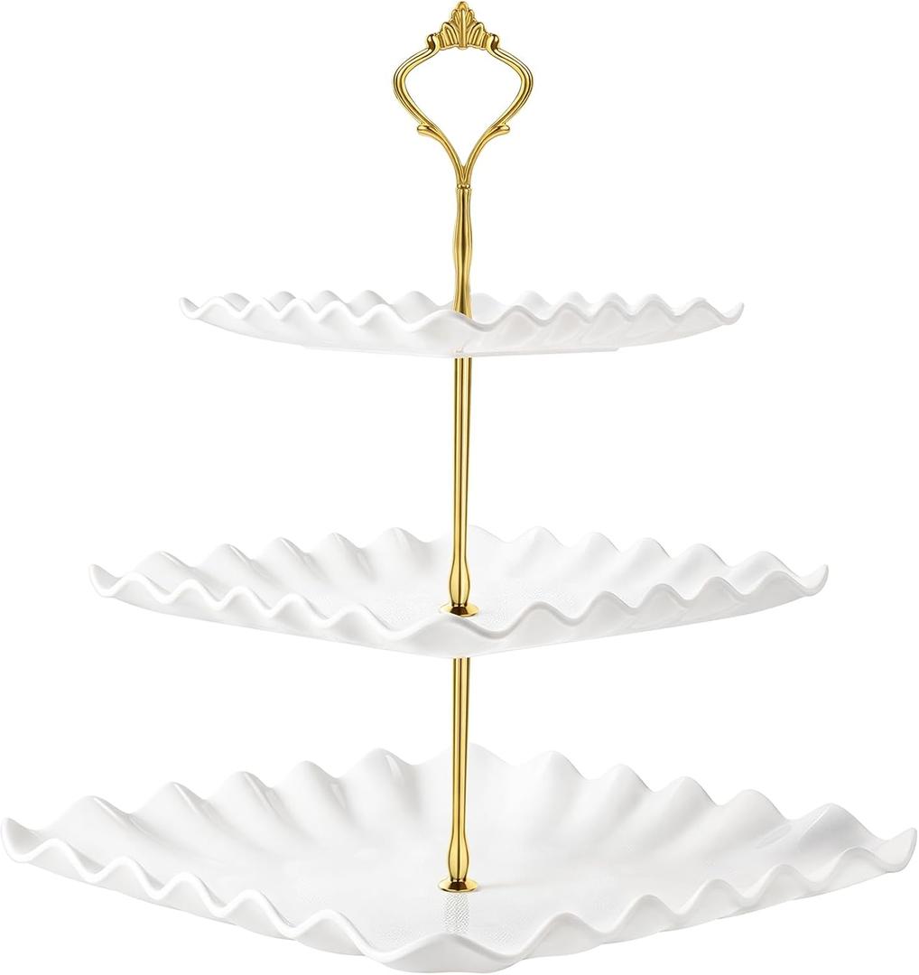 DAFURIET Dessert Cupcake Stand, 3 Tier Cup Cake Holder Tower for Tea Party/Birthday/Wedding, Plastic Tiered Serving Tray with Metal Rod, White
