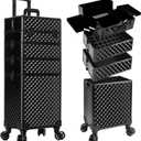 AROUS Rolling Makeup Train Case 4 in 1 Cosmetology Case on Wheels Large Storage Cosmetic Trolley with Key Salon Barber Case Traveling Cart Trunk, Black