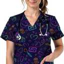 2Pcs Women's Scrubs Set with Cute Printed Scrub Caps V Neck Tops Soft Casual Nurse Uniform with Pockets (Blue, L)