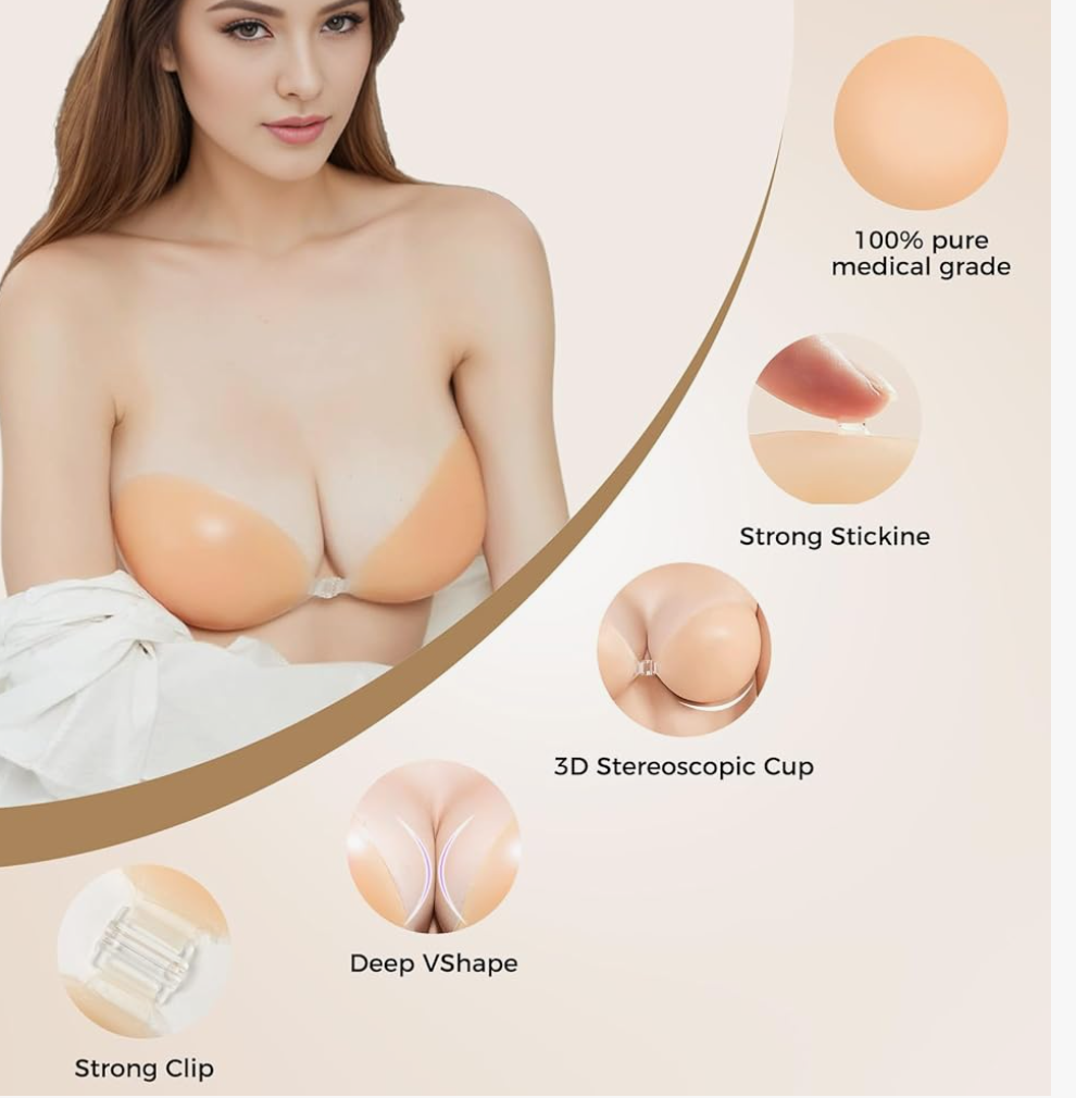 Sticky Bra, Strapless Adhesive Invisible Viscous, Push Up Reusable Silicone Bra for Backless Dresses Bra size C